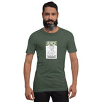 Imagined FASTPASS designed for the unbuilt Museum of the Weird attraction, with green-toned attraction logo, on a tee — worn stylishly by a model