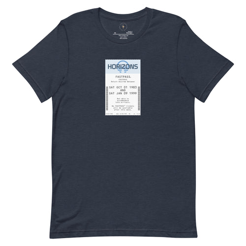 Imagined FASTPASS designed for the Horizons ride, with blue-toned attraction header logo, on a tee — flat lay