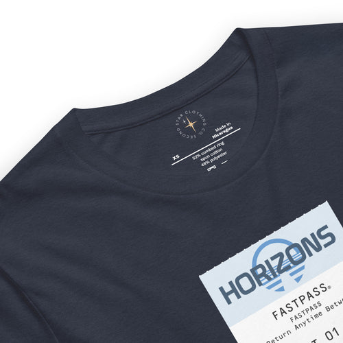 Imagined FASTPASS designed for the Horizons ride, with blue-toned attraction header logo, on a tee — fabric detail