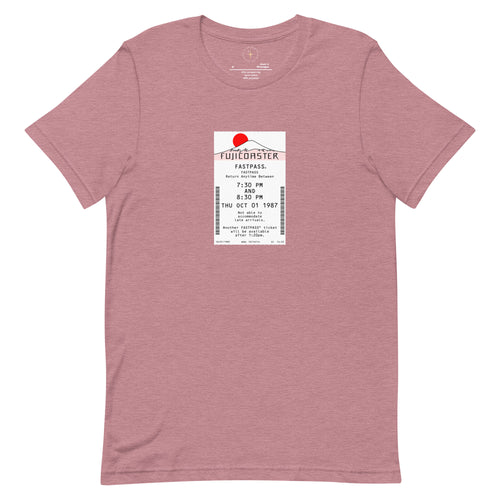 Imagined FASTPASS designed for the unbuilt Fujicoaster ride, with white-and-red-toned attraction logo, on a tee — flat lay