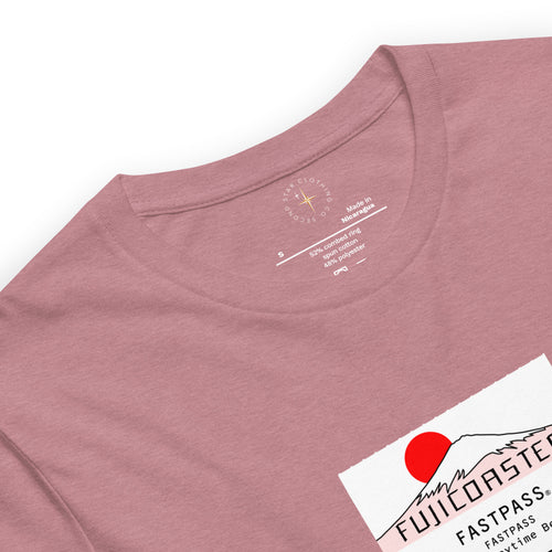 Imagined FASTPASS designed for the unbuilt Fujicoaster ride, with white-and-red-toned attraction logo, on a tee — fabric detail