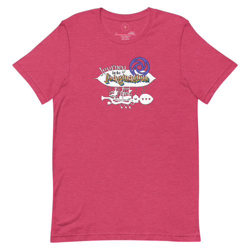 Logo inspired by EPCOT's Journey into Imagination, in rainbow colors atop an airship, on a Heather Raspberry tee — flat lay