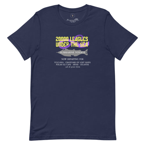Stylized logo inspired by the park attraction 20000 Leagues Under The Sea with text in yellow, surrounded by purple tentacles, and departure destinations listed below, on a Navy tee — flat lay