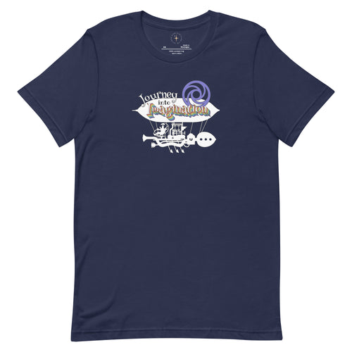 Logo inspired by EPCOT's Journey into Imagination, in rainbow colors atop an airship, on a Navy tee — flat lay