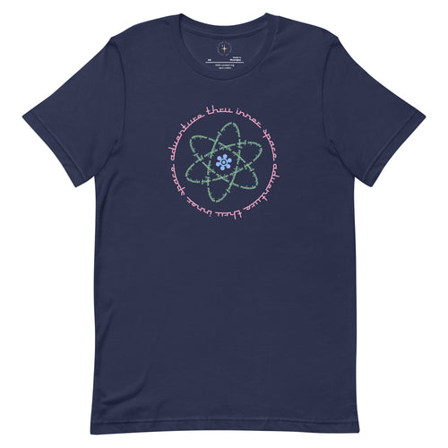 Logo inspired by the attraction with pink stylized retro text reading Adventures Thru Inner Space in a circle, surrounding atomic shaped text in green reading Miracles from Molecules, on a Navy tee — flat lay