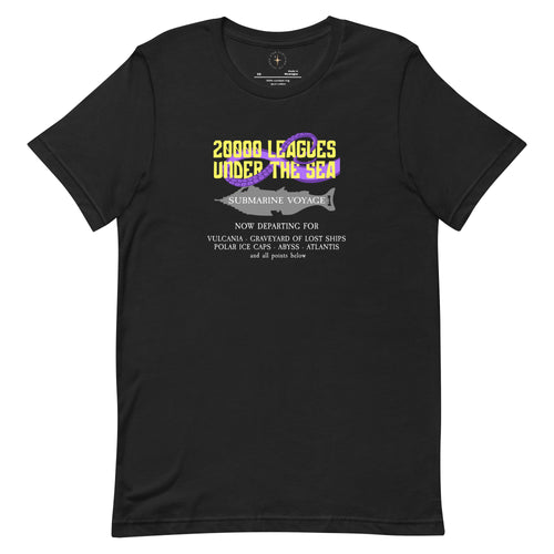 Stylized logo inspired by the park attraction 20000 Leagues Under The Sea with text in yellow, surrounded by purple tentacles, and departure destinations listed below, on a Vintage Black tee — worn stylishly by a model