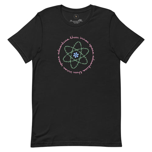 Logo inspired by the attraction with pink stylized retro text reading Adventures Thru Inner Space in a circle, surrounding atomic shaped text in green reading Miracles from Molecules, on a Vintage Black tee — flat lay