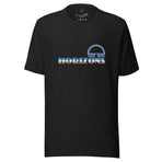 A logo for the classic EPCOT attraction, Horizons, text displaying with a sharp horizon line running through it, gradient to sky above and earth below., on a Vintage Black tee — flat lay