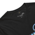 A logo for the classic EPCOT attraction, Horizons, text displaying with a sharp horizon line running through it, gradient to sky above and earth below., on a Vintage Black tee — fabric detail