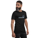 A logo for the classic EPCOT attraction, Horizons, text displaying with a sharp horizon line running through it, gradient to sky above and earth below., on a Vintage Black tee — worn stylishly by a model, angled right